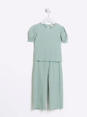 River Island Green Girls Puff Sleeve Textured 100% Cottton Top And Trousers Set - Image 5 of 5