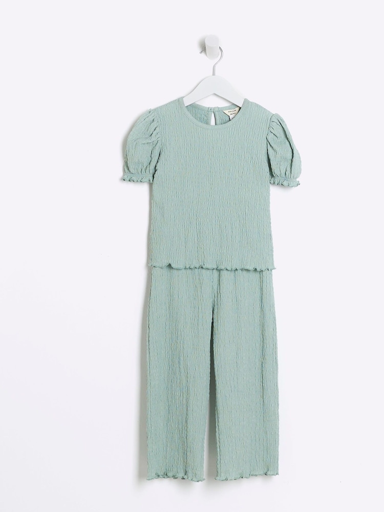 River Island Green Girls Puff Sleeve Textured 100% Cottton Top And Trousers Set - Image 5 of 5 River Island Green Girls Puff Sleeve Textured 100% Cottton Top And Trousers Set - Image 5 of 5