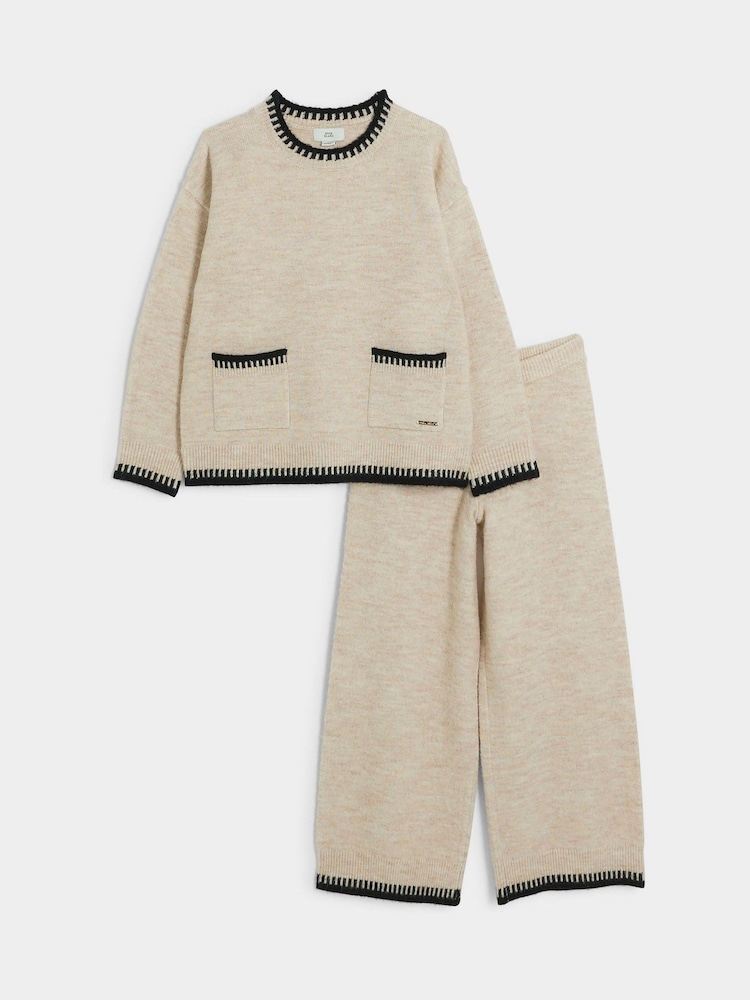 River Island Beige Girls 100% Cotton Whipstitch Sweatshirt And Joggers Set - Image 1 of 5