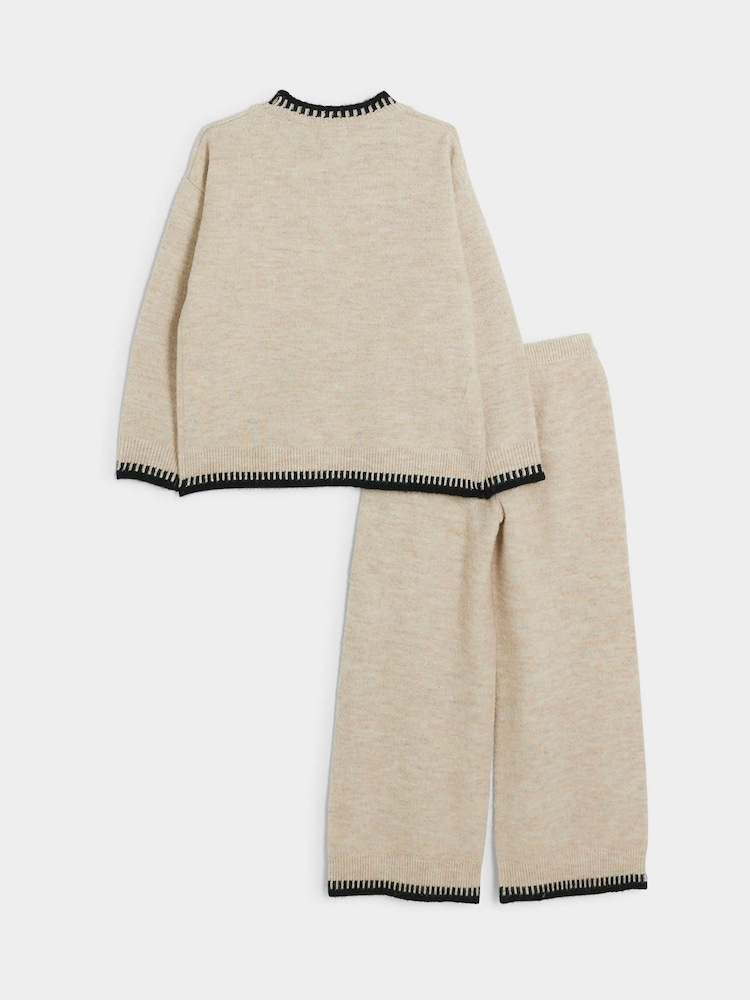 River Island Beige Girls 100% Cotton Whipstitch Sweatshirt And Joggers Set - Image 2 of 5