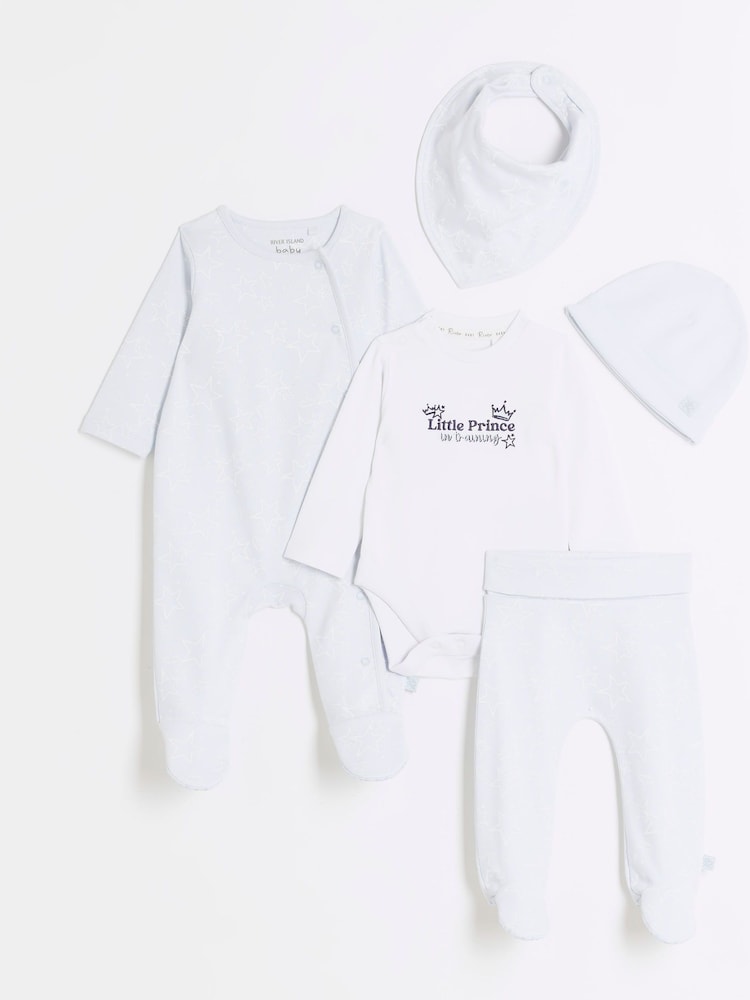 River Island Blue Baby Boys Newborn 100% Cotton Sleepsuit Set 5 Pack - Image 1 of 4