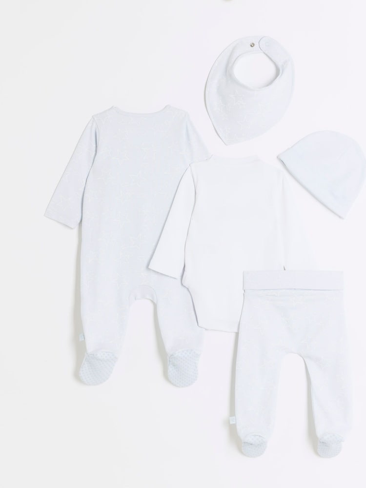 River Island Blue Baby Boys Newborn 100% Cotton Sleepsuit Set 5 Pack - Image 2 of 4 River Island Blue Baby Boys Newborn 100% Cotton Sleepsuit Set 5 Pack - Image 2 of 4