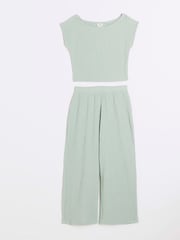 River Island Green Girls Textured 100% Cotton Top And Trousers Set - Image 1 of 5