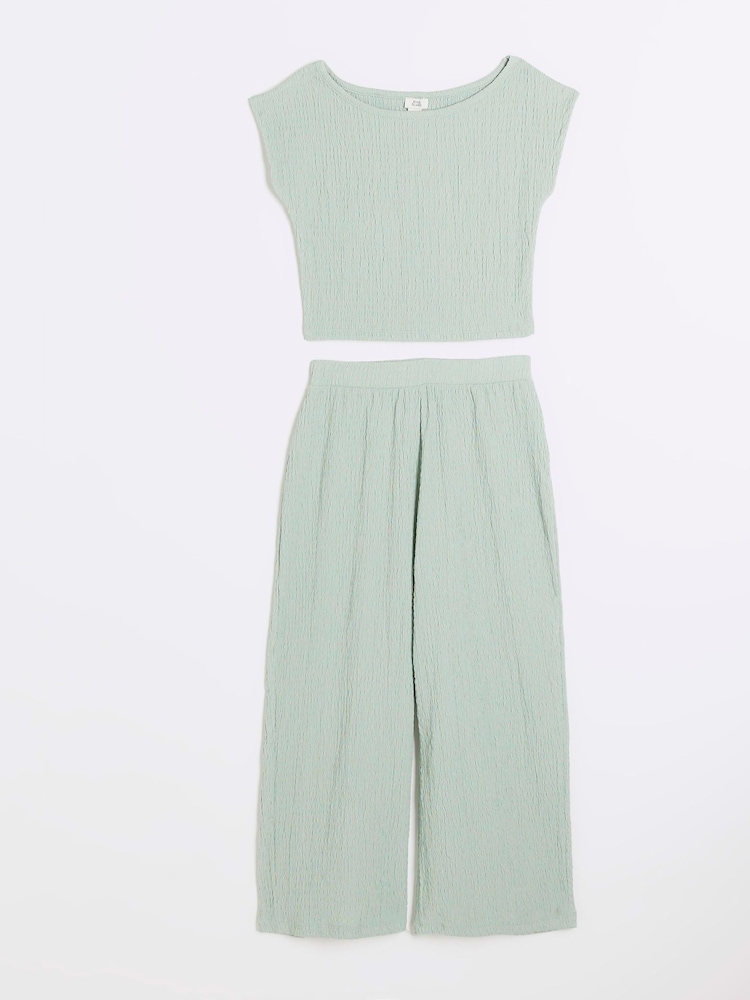 River Island Green Girls Textured 100% Cotton Top And Trousers Set - Image 1 of 5
