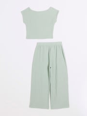 River Island Green Girls Textured 100% Cotton Top And Trousers Set - Image 2 of 5