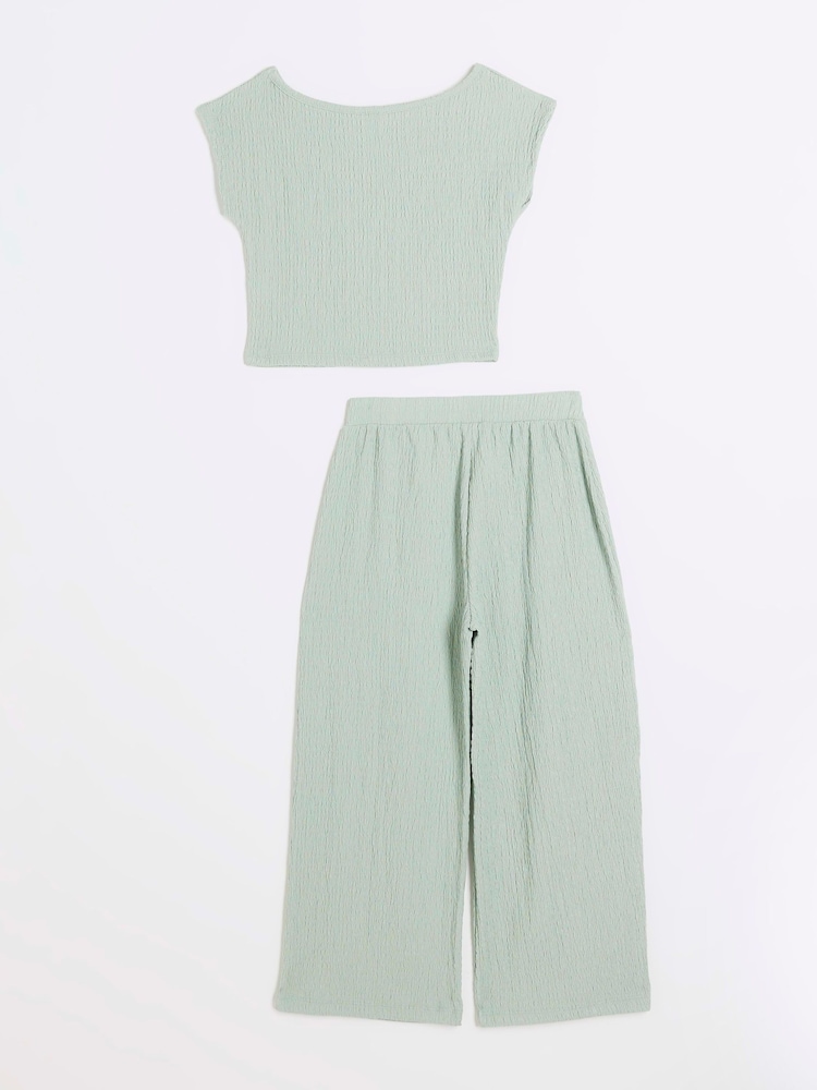 River Island Green Girls Textured 100% Cotton Top And Trousers Set - Image 2 of 5
