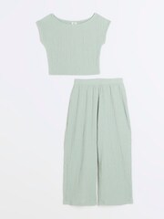 River Island Green Girls Textured 100% Cotton Top And Trousers Set - Image 5 of 5