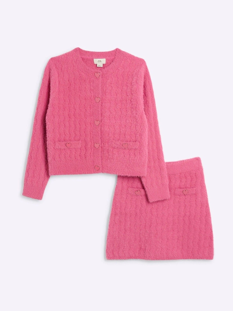 River Island Pink Girls 100% Cotton Fluff Cardigan And Skirt Set - Image 1 of 5