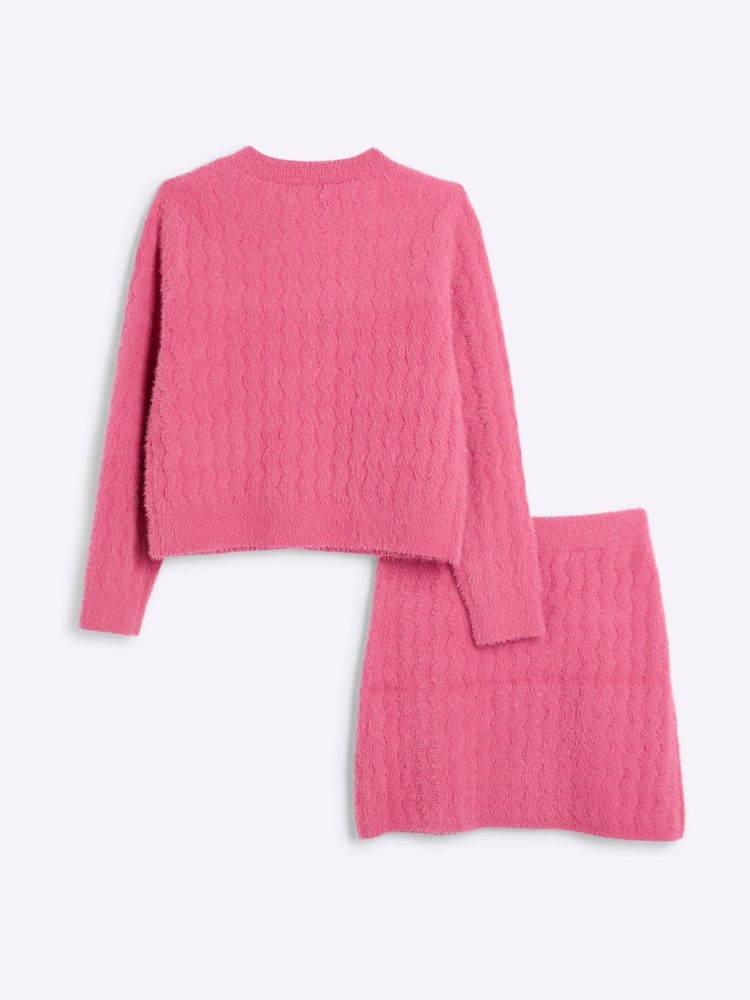 River Island Pink Girls 100% Cotton Fluff Cardigan And Skirt Set - Image 2 of 5