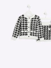 River Island Black Girls 100% Cotton Dogtooth Fluff Cardigan And Skirt Set - Image 1 of 4
