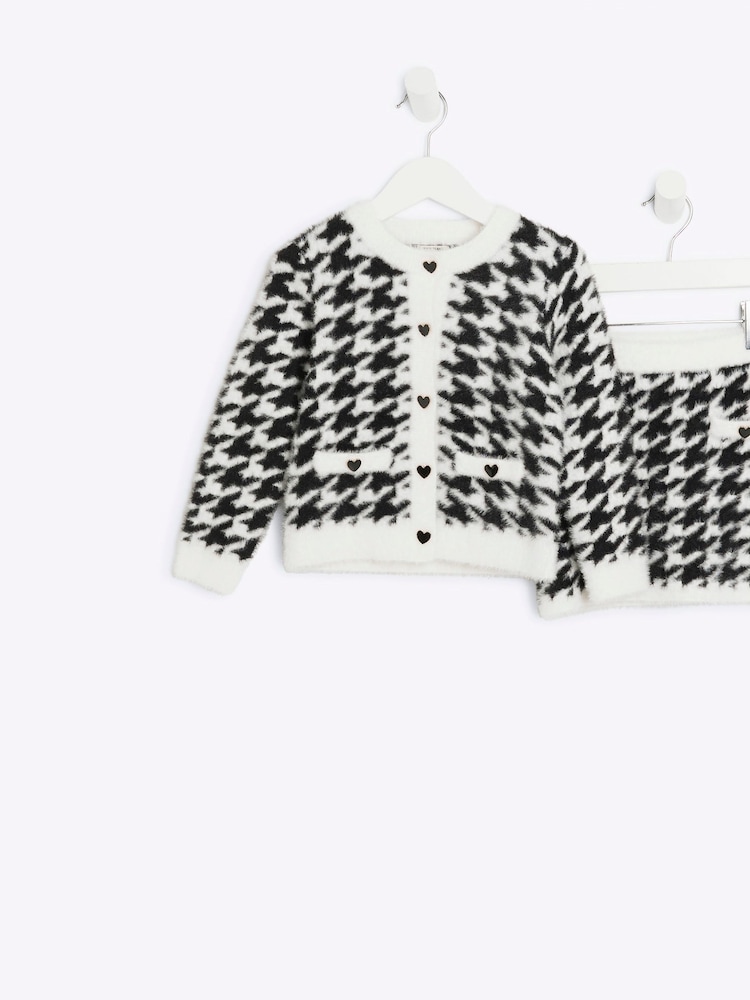 River Island Black Girls 100% Cotton Dogtooth Fluff Cardigan And Skirt Set - Image 1 of 4
