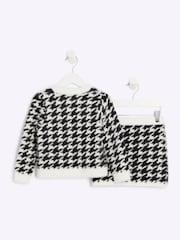 River Island Black Girls 100% Cotton Dogtooth Fluff Cardigan And Skirt Set - Image 2 of 4