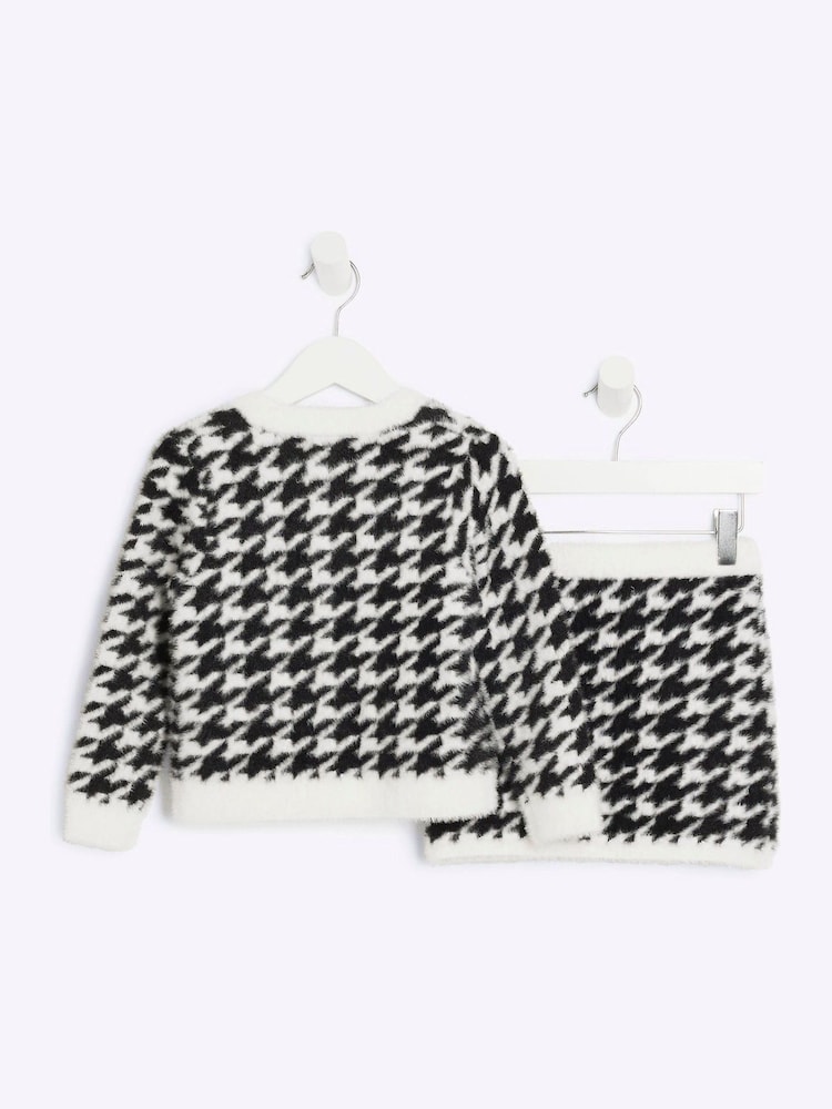 River Island Black Girls 100% Cotton Dogtooth Fluff Cardigan And Skirt Set - Image 2 of 4
