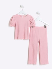 River Island Pink Girls Puff Sleeve Textured 100% Cottton Top And Trousers Set - Image 1 of 4