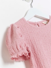 River Island Pink Girls Puff Sleeve Textured 100% Cottton Top And Trousers Set - Image 2 of 4