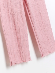 River Island Pink Girls Puff Sleeve Textured 100% Cottton Top And Trousers Set - Image 3 of 4