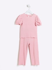 River Island Pink Girls Puff Sleeve Textured 100% Cottton Top And Trousers Set - Image 4 of 4
