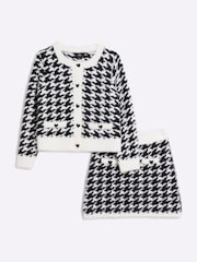 River Island Black Girls Dogtooth 100% Cotton Cardigan And Skirt Set - Image 1 of 5