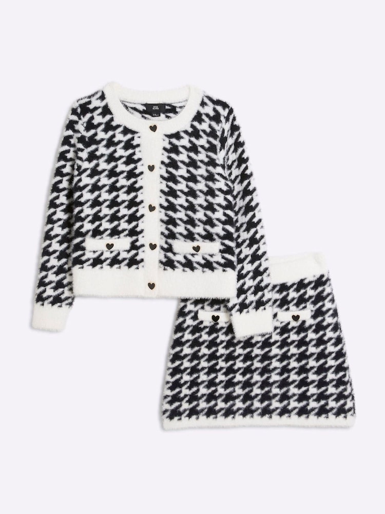 River Island Black Girls Dogtooth 100% Cotton Cardigan And Skirt Set - Image 1 of 5 River Island Black Girls Dogtooth 100% Cotton Cardigan And Skirt Set - Image 1 of 5