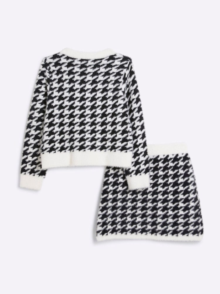 River Island Black Girls Dogtooth 100% Cotton Cardigan And Skirt Set - Image 2 of 5