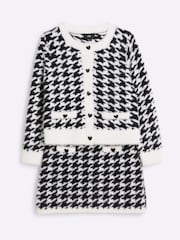 River Island Black Girls Dogtooth 100% Cotton Cardigan And Skirt Set - Image 3 of 5