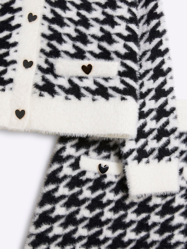River Island Black Girls Dogtooth 100% Cotton Cardigan And Skirt Set - Image 5 of 5