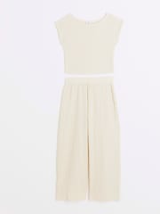 River Island Beige Girls Textured 100% Cotton Top And Trousers Set - Image 1 of 5