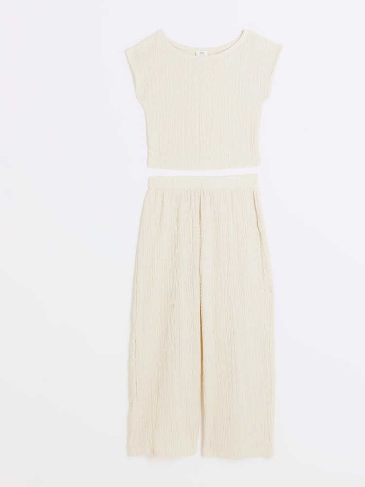 River Island Beige Girls Textured 100% Cotton Top And Trousers Set - Image 1 of 5