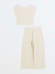 River Island Beige Girls Textured 100% Cotton Top And Trousers Set - Image 2 of 5