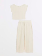 River Island Beige Girls Textured 100% Cotton Top And Trousers Set - Image 5 of 5