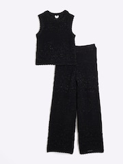 River Island Black Girls Crochet 100% Cotton Top And Trousers Set - Image 1 of 5