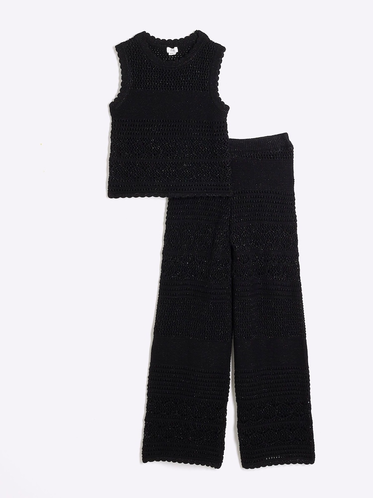 River Island Black Girls Crochet 100% Cotton Top And Trousers Set - Image 1 of 5 River Island Black Girls Crochet 100% Cotton Top And Trousers Set - Image 1 of 5