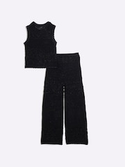River Island Black Girls Crochet 100% Cotton Top And Trousers Set - Image 2 of 5