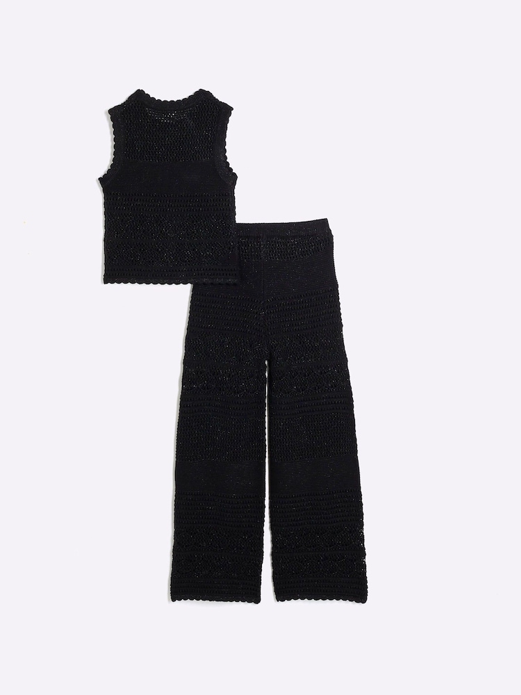 River Island Black Girls Crochet 100% Cotton Top And Trousers Set - Image 2 of 5 River Island Black Girls Crochet 100% Cotton Top And Trousers Set - Image 2 of 5