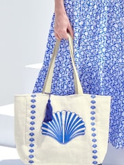 Aspiga Blue Embroidered Jute Bag - Image 1 of 2
