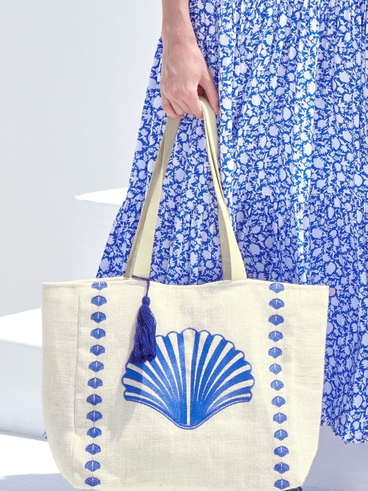 Aspiga Blue Embroidered Jute Bag - Image 1 of 2