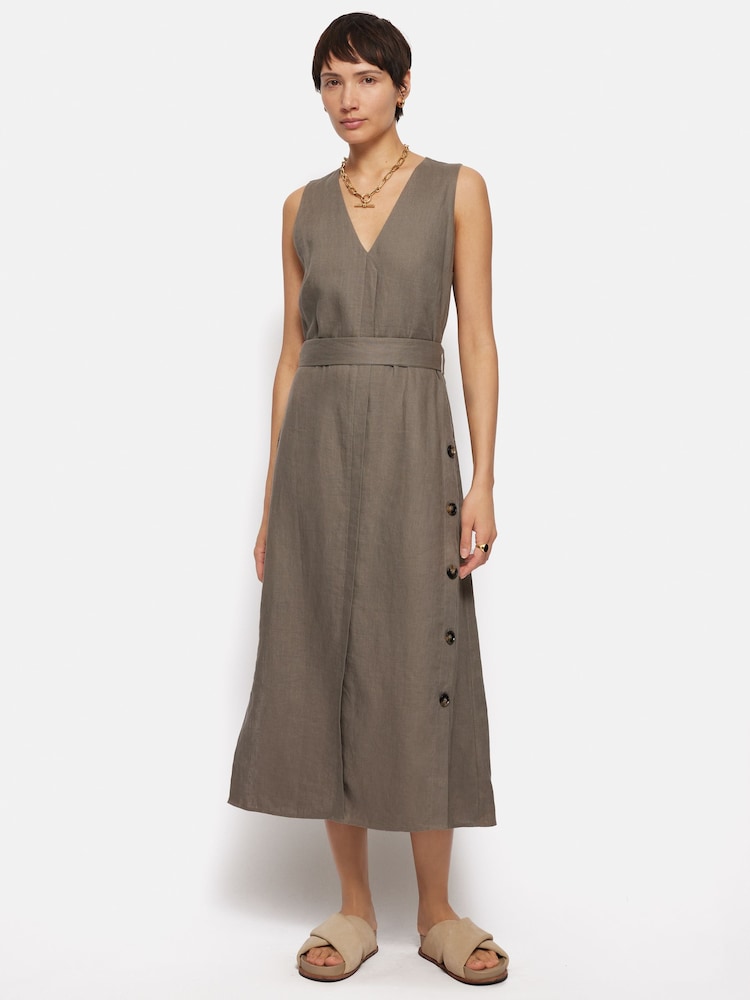 Jigsaw Brown Linen Button Detail Dress - Image 1 of 6