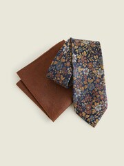 Rust Brown Occasion Silk Floral Tie And Wool Silk Blend Pocket Square Set - Image 2 of 2