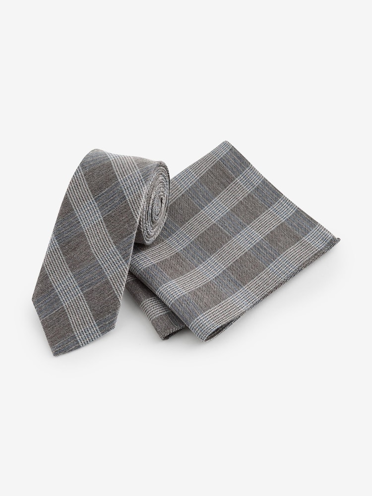 Light Grey/Light Blue Check Slim Tie And Pocket Square Set - Image 1 of 5