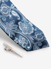 Blue Paisley Slim Tie And Pocket Square Set - Image 4 of 5