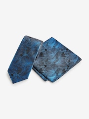 Teal Blue Glitter Thread Floral Slim Tie And Pocket Square Set - Image 1 of 5