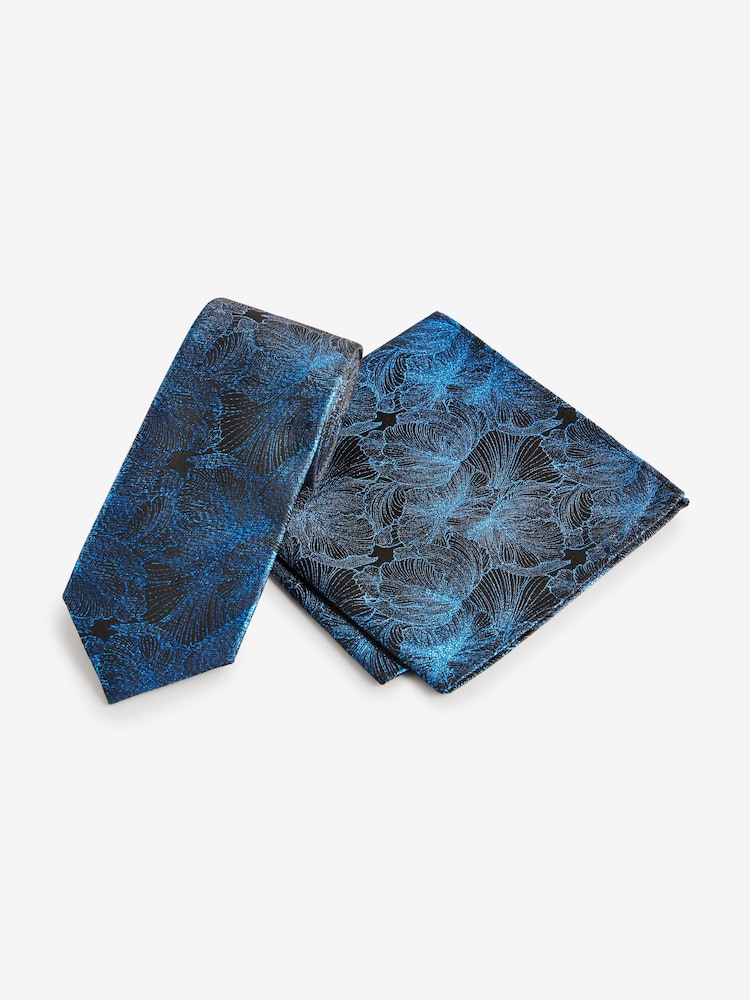 Teal Blue Glitter Thread Floral Slim Tie And Pocket Square Set - Image 1 of 5
