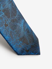 Teal Blue Glitter Thread Floral Slim Tie And Pocket Square Set - Image 2 of 5