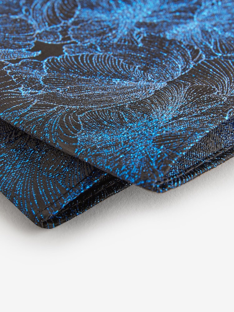 Teal Blue Glitter Thread Floral Slim Tie And Pocket Square Set - Image 5 of 5