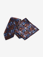 Rust Orange/Blue Floral Tie And Pocket Square Set - Image 1 of 4