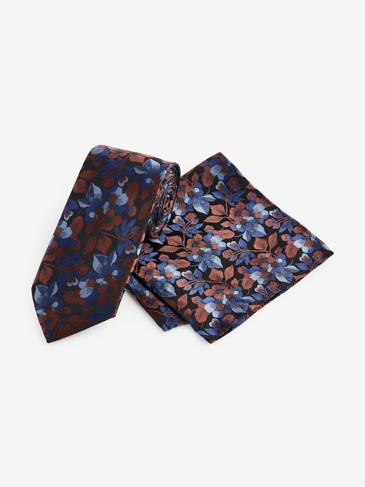 Rust Orange/Blue Floral Tie And Pocket Square Set - Image 1 of 4