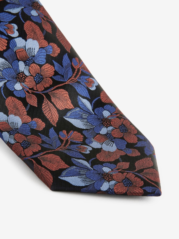 Rust Orange/Blue Floral Tie And Pocket Square Set - Image 2 of 4