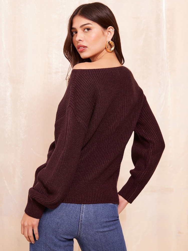 Friends Like These Berry Red Slash Neck Jumper - Image 4 of 4 Friends Like These Berry Red Slash Neck Jumper - Image 4 of 4
