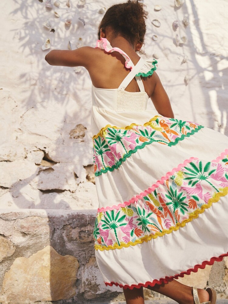 Boden – gestuftes Regenbogen-Palmen-Twirly-Ric-Rac-Kleid aus 100% Baumwolle - Bild 1 von 4