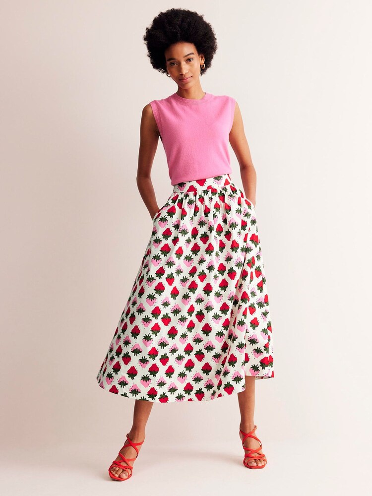 Boden Cream Layla Strawberry Cotton Sateen Skirt - Image 2 of 6